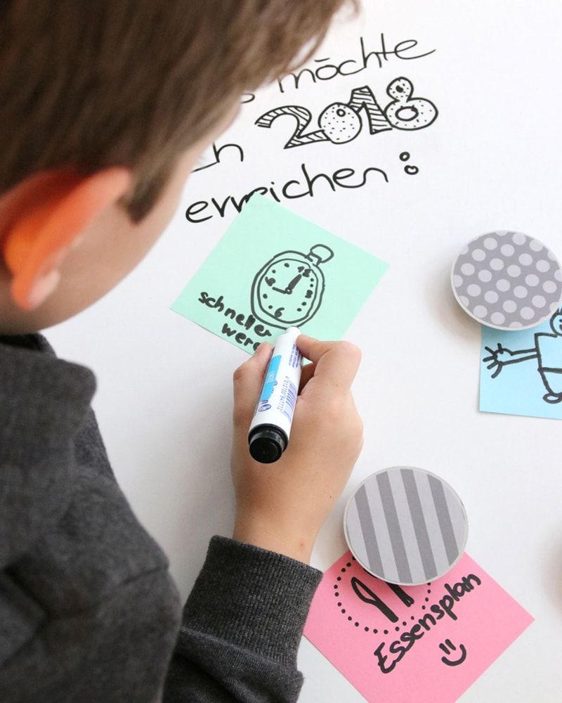 Das Familienwünscheboard ganz einfach gemeinsam als Familie gestalten. Für Kinder im Kindergarten oder in der Schule geeignet. Wandaufkleber von StickerKid als Dekoration von Magneten verwenden.